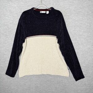 Vintage Mens Size Large Chenille Sweater Y2K Chest Stripe Xtreme Gear Navy Cream